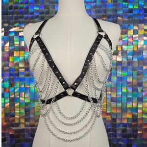 Womens Black Faux Leather Chain Harness Body Chest Bra Festival Goth